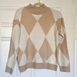 Mockneck Cream and Khaki Checker Knit Sweater — Size Small